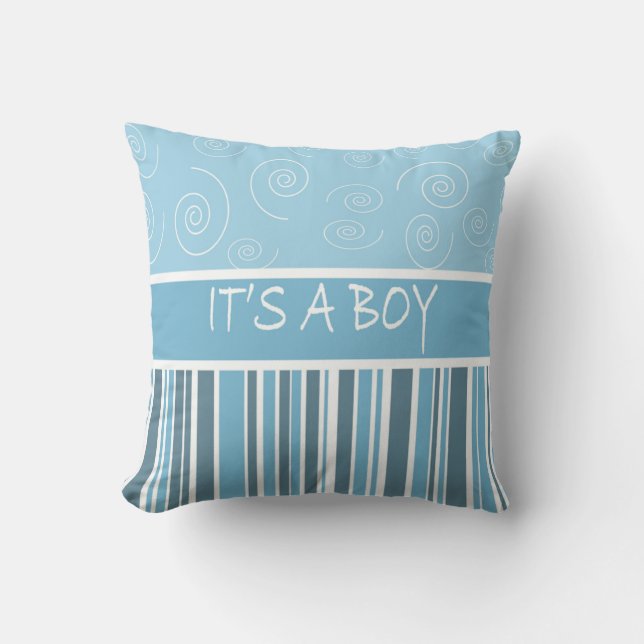 Personalise Shades of Blue Stripe Its a Boy  Cushion (Front)