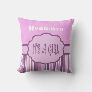Personalise Shades of Pink Stripe Its a Girl  Cushion
