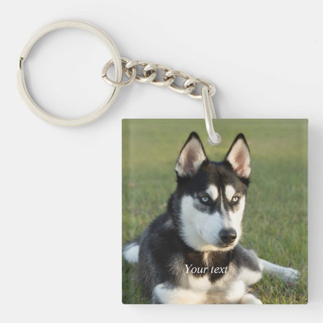 Personalise Siberian Husky puppy portrait Key Ring (Front)