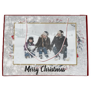 Personalise Silver Snow Christmas Red Wreaths Large Gift Bag