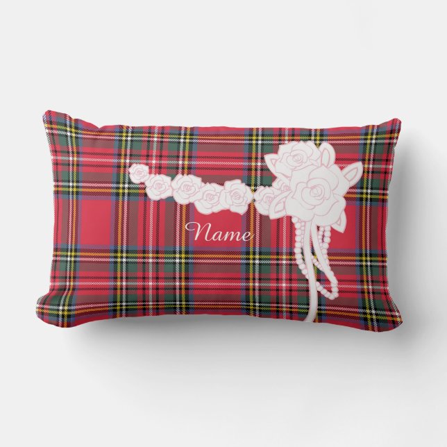 Personalise Single  Flower Trim Plaid Decorator  Lumbar Cushion (Front)