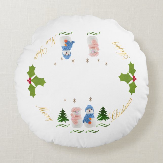 Personalise, Snowman and Snow woman Round Cushion (Front)
