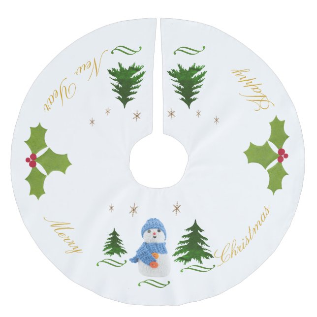 Personalise, Snowman, Christmas tree, twig Brushed Polyester Tree Skirt (Front)