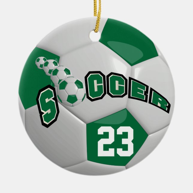 Personalise ⚽ Soccer Ball | Dark Green Ceramic Ornament (Front)