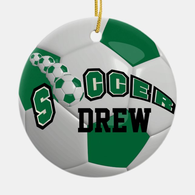 Personalise Soccer Ball | Dark Green Ceramic Ornament (Front)