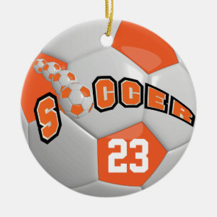 Personalise Soccer Ball Orange Ceramic Tree Decoration