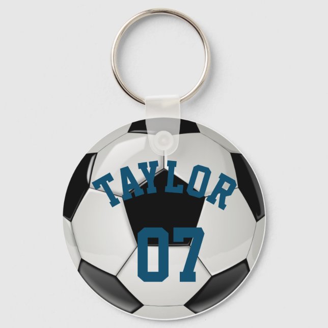 Personalise Soccer ball player's Name and Number Key Ring (Front)