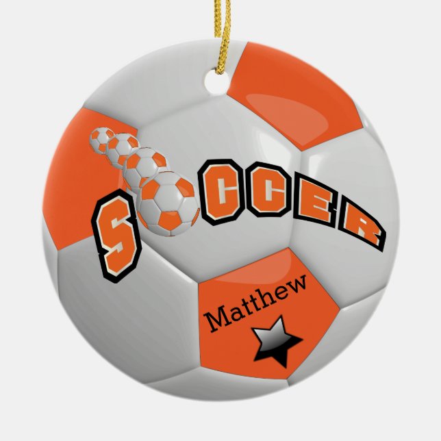 Personalise Soccer Ball Star Player | Orange Ceramic Tree Decoration (Front)