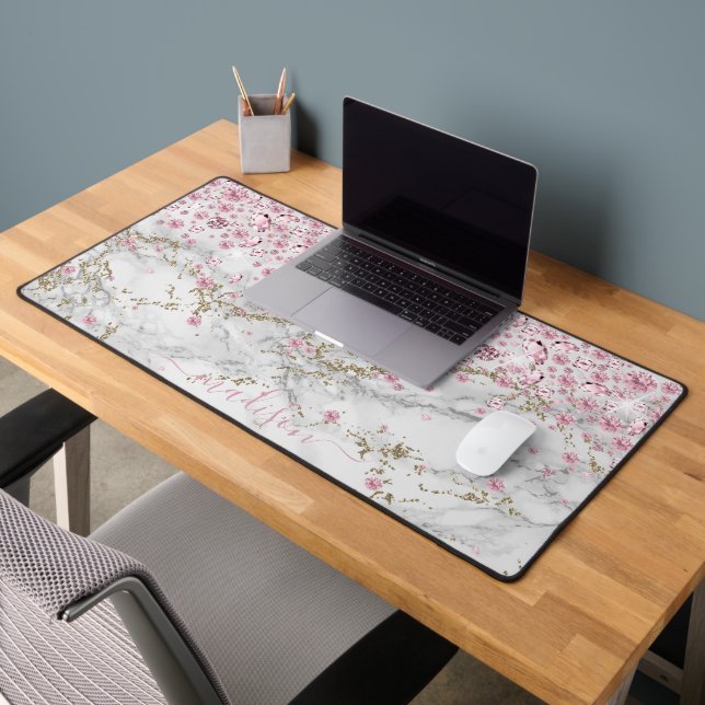 Personalise Sparkling Pink Jewels & Marble Desk Mat (Office 2)