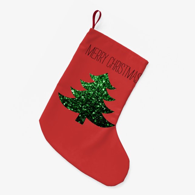Personalise Sparkly Christmas tree green Red Small Christmas Stocking (Front (Hanging))