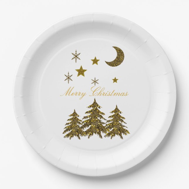 Personalise, Sparkly Christmas tree, moon, stars Paper Plate (Front)