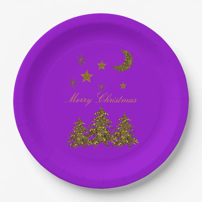 Personalise, Sparkly Christmas tree, moon, stars Paper Plate (Front)