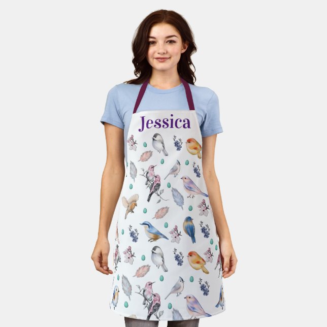 Personalise Spring Birds Pattern Apron (Worn)