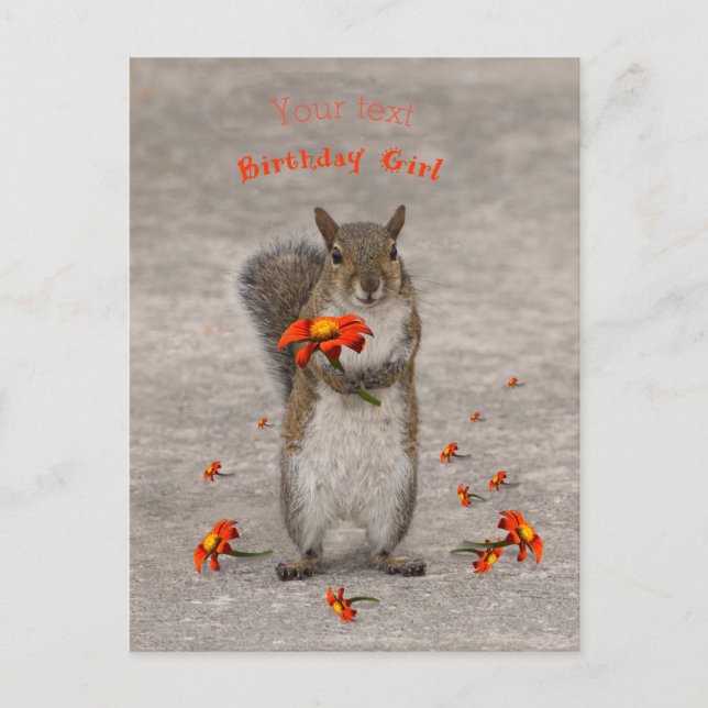 Personalise Squirrel with flower for Birthday Girl Postcard (Front)