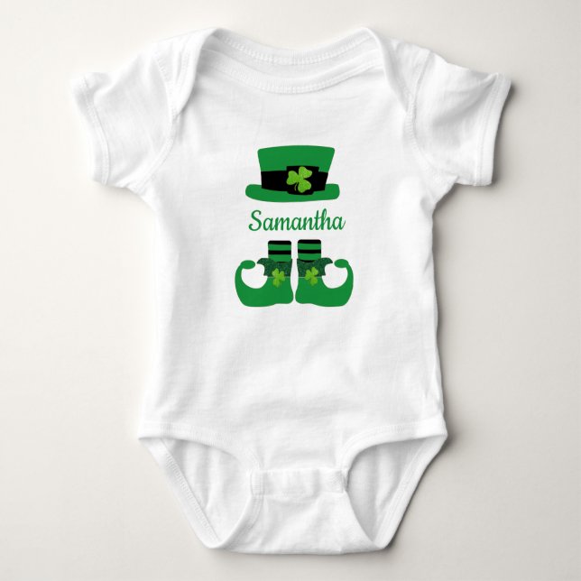 Personalise St. Patrick's Leprechaun Green Black Baby Bodysuit (Front)