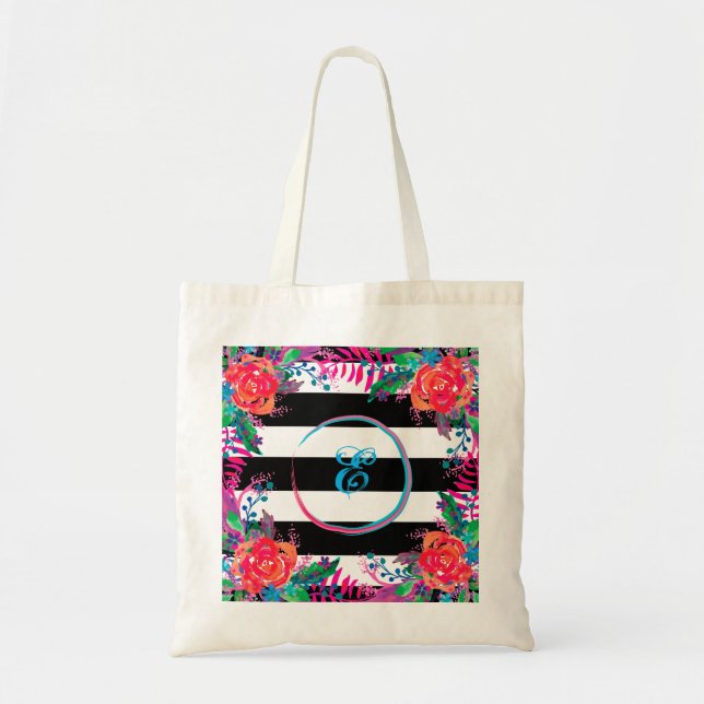 personalise striped floral with border tote bag (Front)