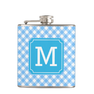 Personalise Stylish Baby Blue Gingham Monogram Hip Flask