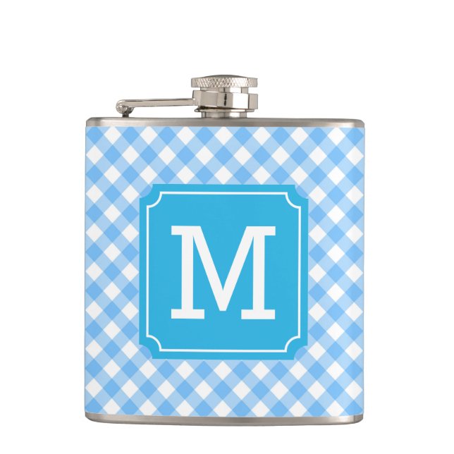Personalise Stylish Baby Blue Gingham Monogram Hip Flask (Front)