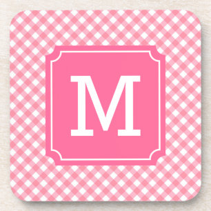 Personalise Stylish Baby Pink Gingham Monogram Coaster