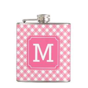Personalise Stylish Baby Pink Gingham Monogram Hip Flask