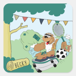 Personalise Summer Camp Bear Stickers Square