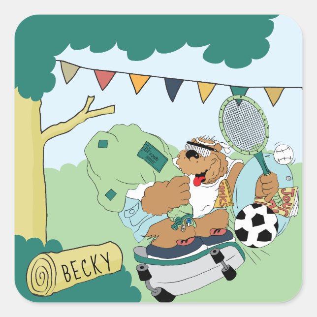 Personalise Summer Camp Bear Stickers Square (Front)