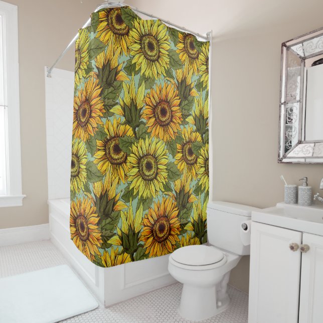 Personalise Sunflower with Foliage Sage Background Shower Curtain (In Situ)