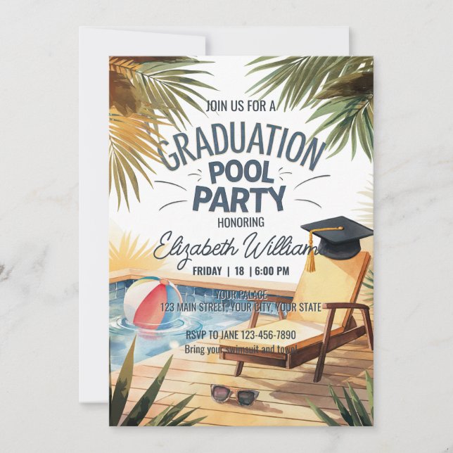 Personalise Sunglass Lounge Chair Graduation Pool  Invitation (Front)
