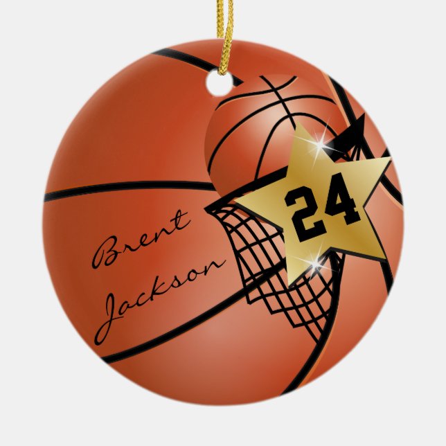 Personalise Super Star Player Basketball Ceramic Tree Decoration (Front)