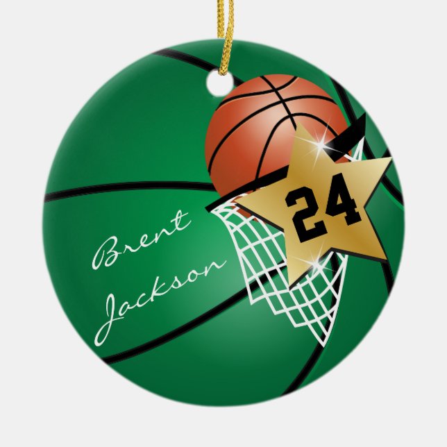 Personalise SuperStar Player Dark Green Basketball Ceramic Ornament (Front)