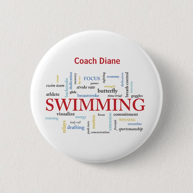 Personalise, Swimming Coach Thank You In Words 6 Cm Round Badge (Front)