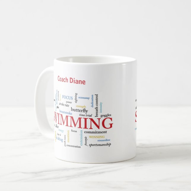 Personalise, Swimming Coach Thank You In Words Coffee Mug (Front Left)