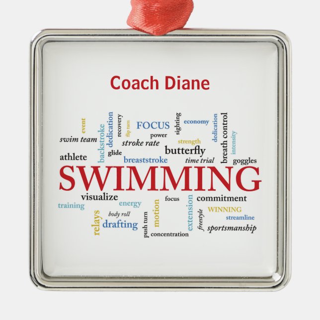 Personalise, Swimming Coach Thank You In Words Metal Ornament (Front)