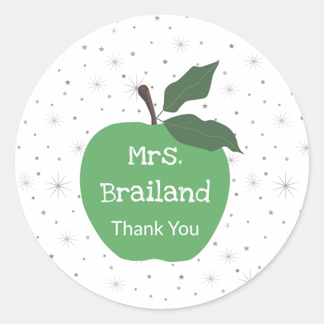Personalise teacher name custom green apple classic round sticker (Front)