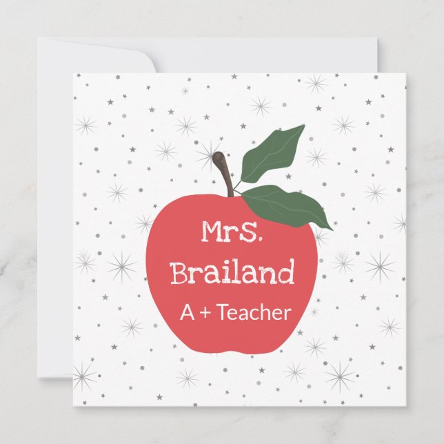Personalise teacher name custom red apple card (Front)