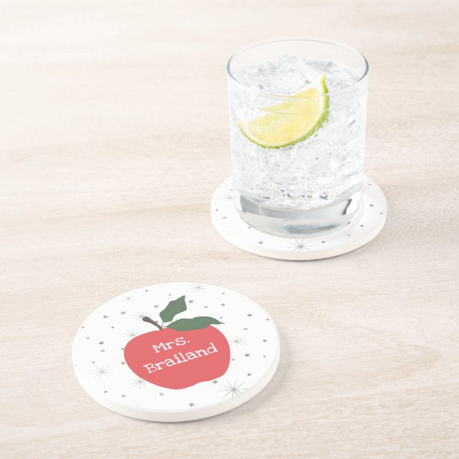 Personalise teacher name custom red apple   coaster (Side)