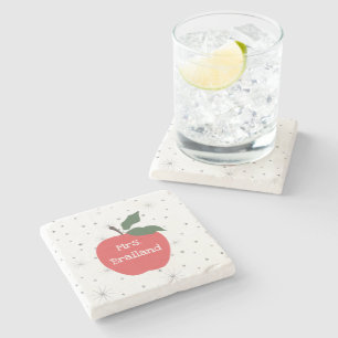 Personalise teacher name custom red apple   stone coaster