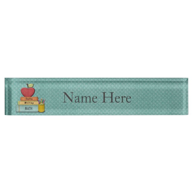 Personalise Teachers', Apple, Books and Pencils Nameplate (Front)