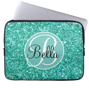 Personalise Teal sparkling glitter monogrammed   Laptop Sleeve