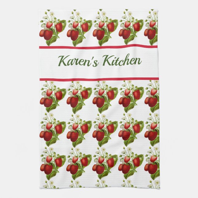 Personalise  this Strawberry Pattern Kitchen Tea Towel (Vertical)