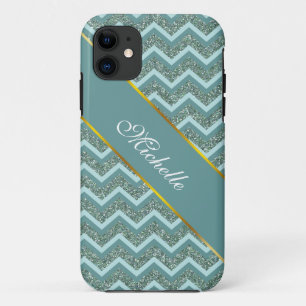 Personalise this Teal Glitter ZigZag iPhone 11 Case