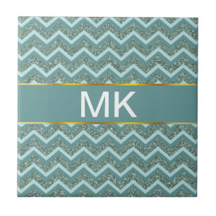 Personalise this Teal Glitter ZigZag Ceramic Tile