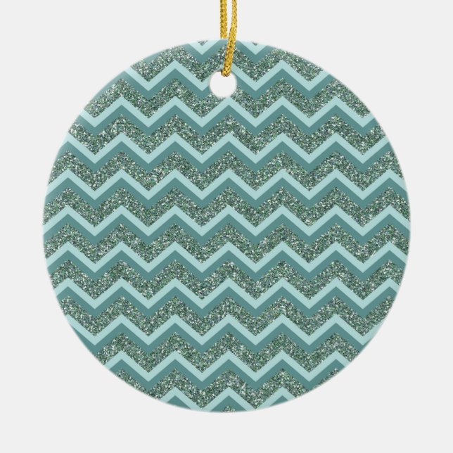 Personalise this Teal Glitter ZigZag Ceramic Tree Decoration (Front)