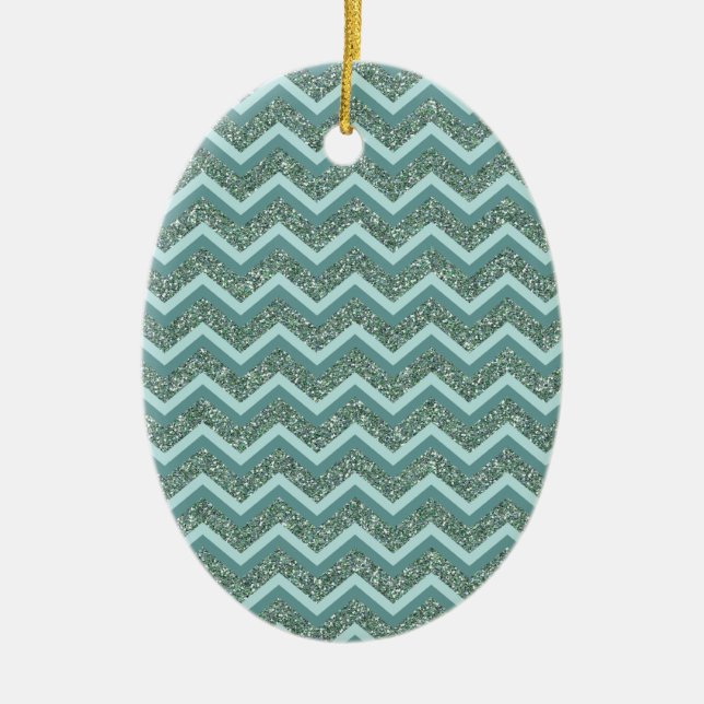 Personalise this Teal Glitter ZigZag Ceramic Tree Decoration (Front)