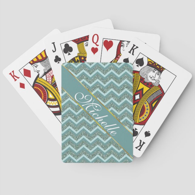 Personalise this Teal Glitter ZigZag Playing Cards (Back)