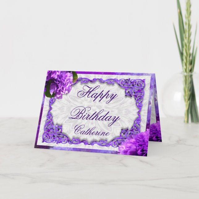 Personalise this Violet Carnations Birthday Card (Front)