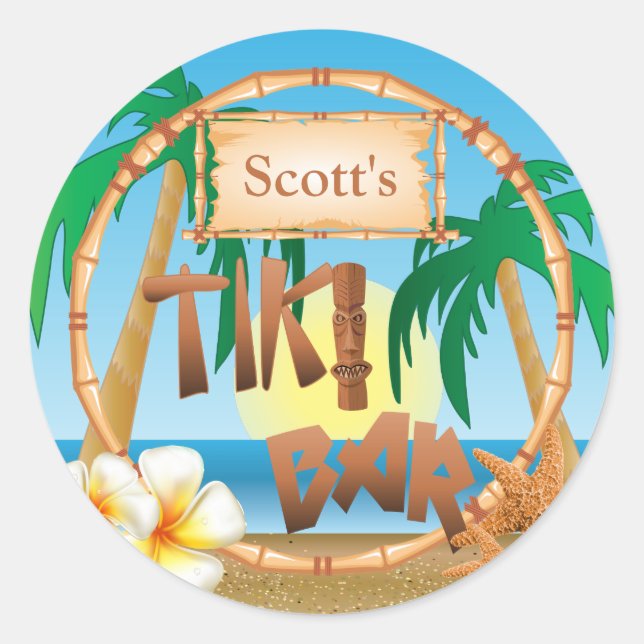 Personalise Tiki Bar Design Classic Round Sticker (Front)