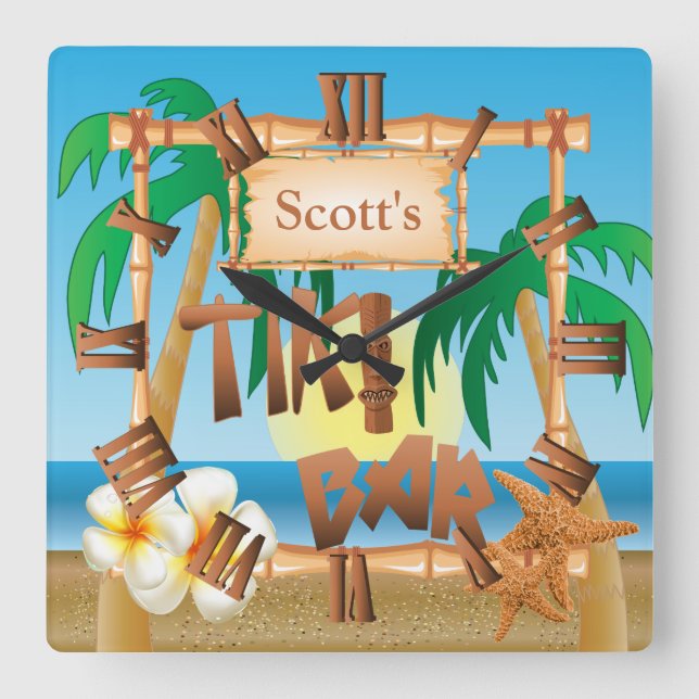 Personalise Tiki Bar Design Square Wall Clock (Front)