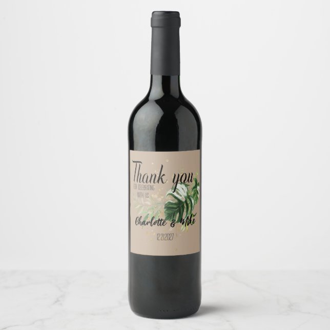 Personalise Tropical Leaf Wedding Thank you Favour Wine Label (Front)