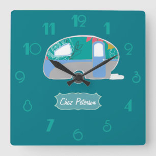 Personalise Turquoise Retro Vintage Caravan Design Square Wall Clock